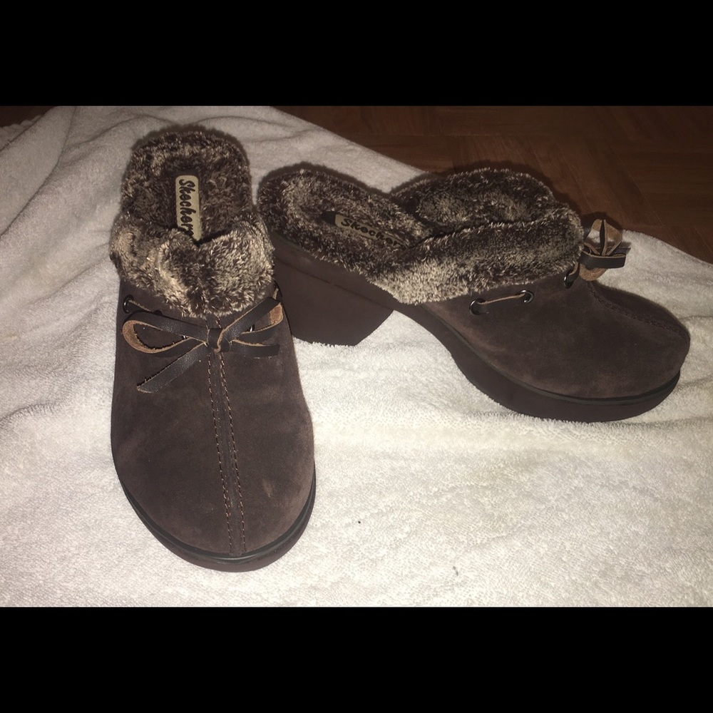 Skechers Brown Suede Clogs Faux Fur Mules Slip On